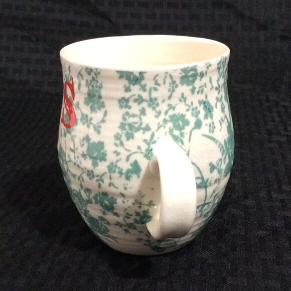 Anthropologie Coffee Mug Monogram Lower Case s Curved Sage Coral Floral Garden - Picture 4 of 6